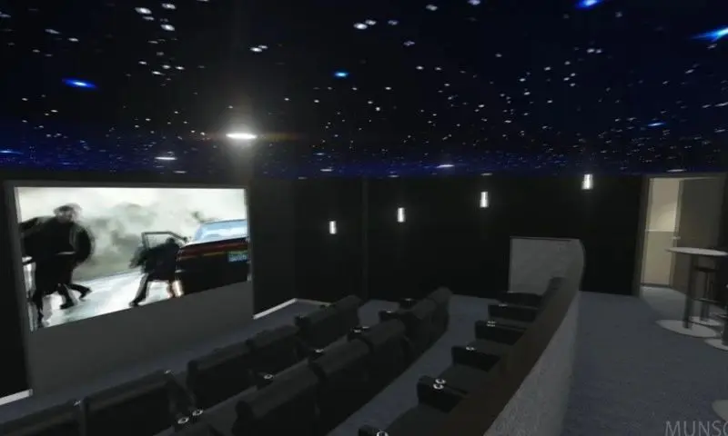 A movie theater with a projector and screen.