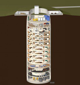 A large tower with many cars in it