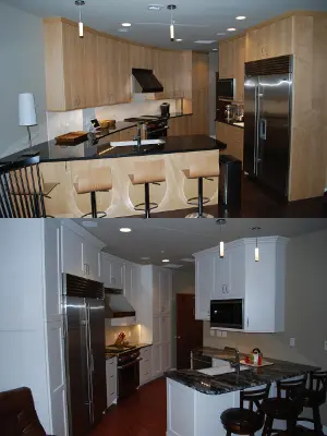 A before and after picture of the kitchen.