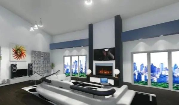 A computer room with a fireplace and television.